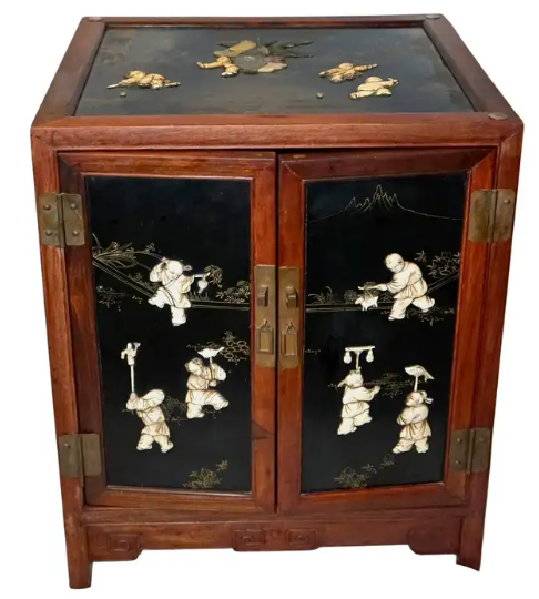 Black Lacquer and Rosewood Cabinet with Soapstone and Bone Inlay