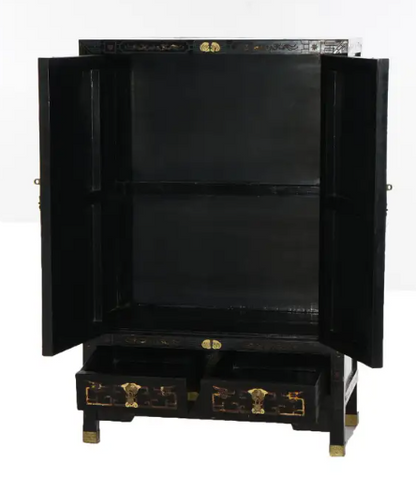 Antique Japanese Ebonized & Gilt Chinoiserie Decorated Tea Cabinet C1920