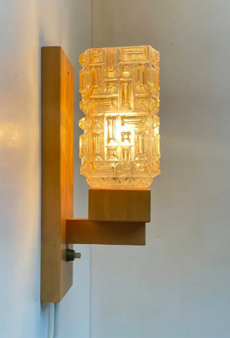 Danish Cubist Wall Sconce in Pressed Glass & Beech, Vitrika 1960s