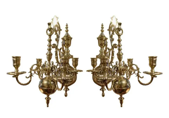 Pair of Four Brass Candle Chandelier Wall Sconces, 19th Century