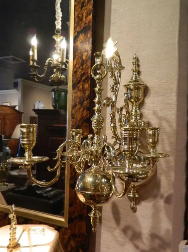 Pair of Four Brass Candle Chandelier Wall Sconces, 19th Century