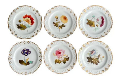 Machin Set of 6 Plates, Moustache Shape, White with Flowers, ca 1825