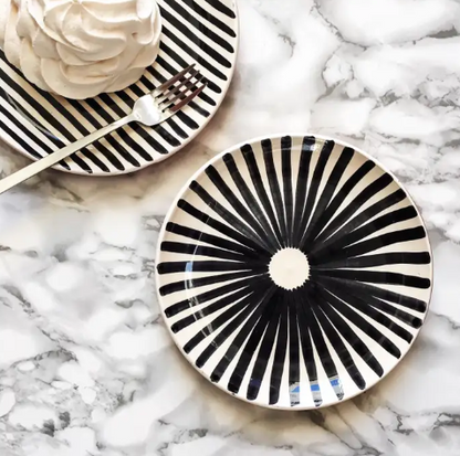 Handmade Ceramic Black and White Ray Pattern Salad Plates, in Stock