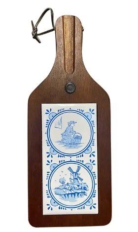 Vintage Decorative Wooden Board With Dutch Folk Delft Style Tiles.