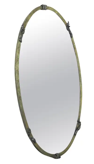 Oval Art Deco Mirror in Patinated Brass and Beveled Glass 1930s