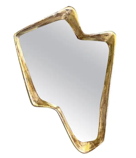 Italian Art Deco golden wood wall mirror with abstract curved structure, 1940s