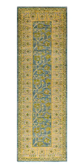 Contemporary Floral Hand Knotted Wool Blue Runner