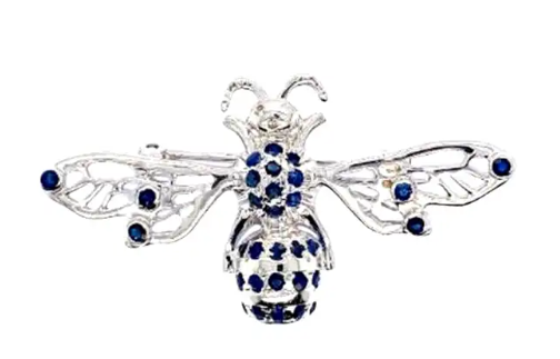 Handcrafted Blue Sapphire and Diamond Bee Brooch in Sterling Silver